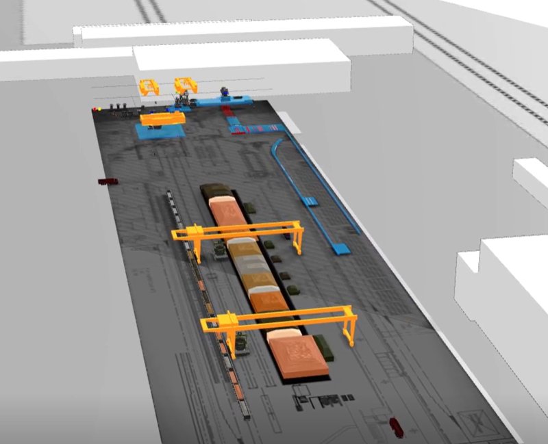 Scrap yard simulation with gantry cranes and scrap piles